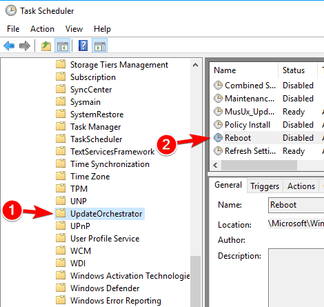 zadanie restartu Task Scheduler Library> Microsoft> Windows> UpdateOrchestrator PC budzi się ze snu «width =» 470 «height =» 445 «src =» https://cdn.windowsreport.com/wp-content/uploads/2017/11/Windows-10-wakes- from-sleep-task-2.png «/><noscript><img decoding=